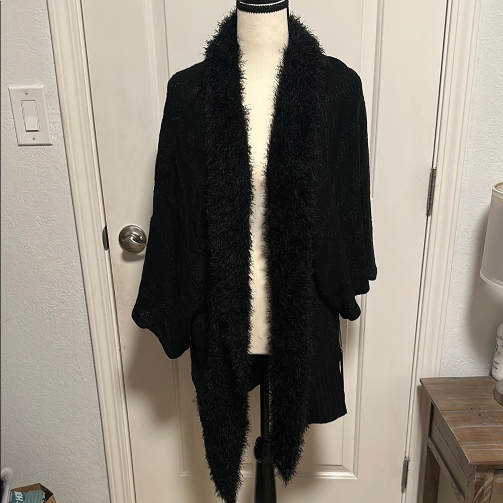 Black Draped Cardigan Sweater with Open Front
